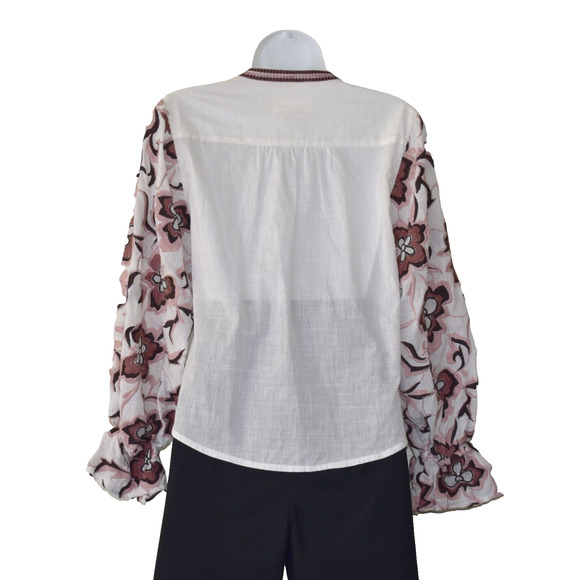 B0 NWT ANTHROPOLOGIE White Cotton Embroidered LS V-Neck Blouse Top Size XS $160 - Picture 2 of 4